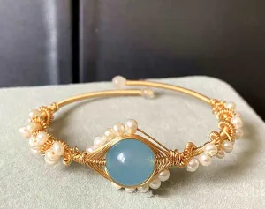 14K Gold Wrapped Sapphire Natural White Pearl Bracelet