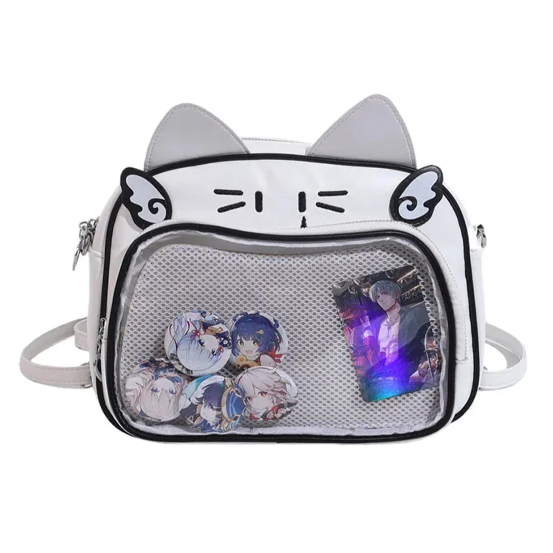 Amozae-Y2K Ita Bag Cat PU Backpack â€?Foldable, Adjustable Strap, Secure Zipper, Preppy Style Cute Schoolbag