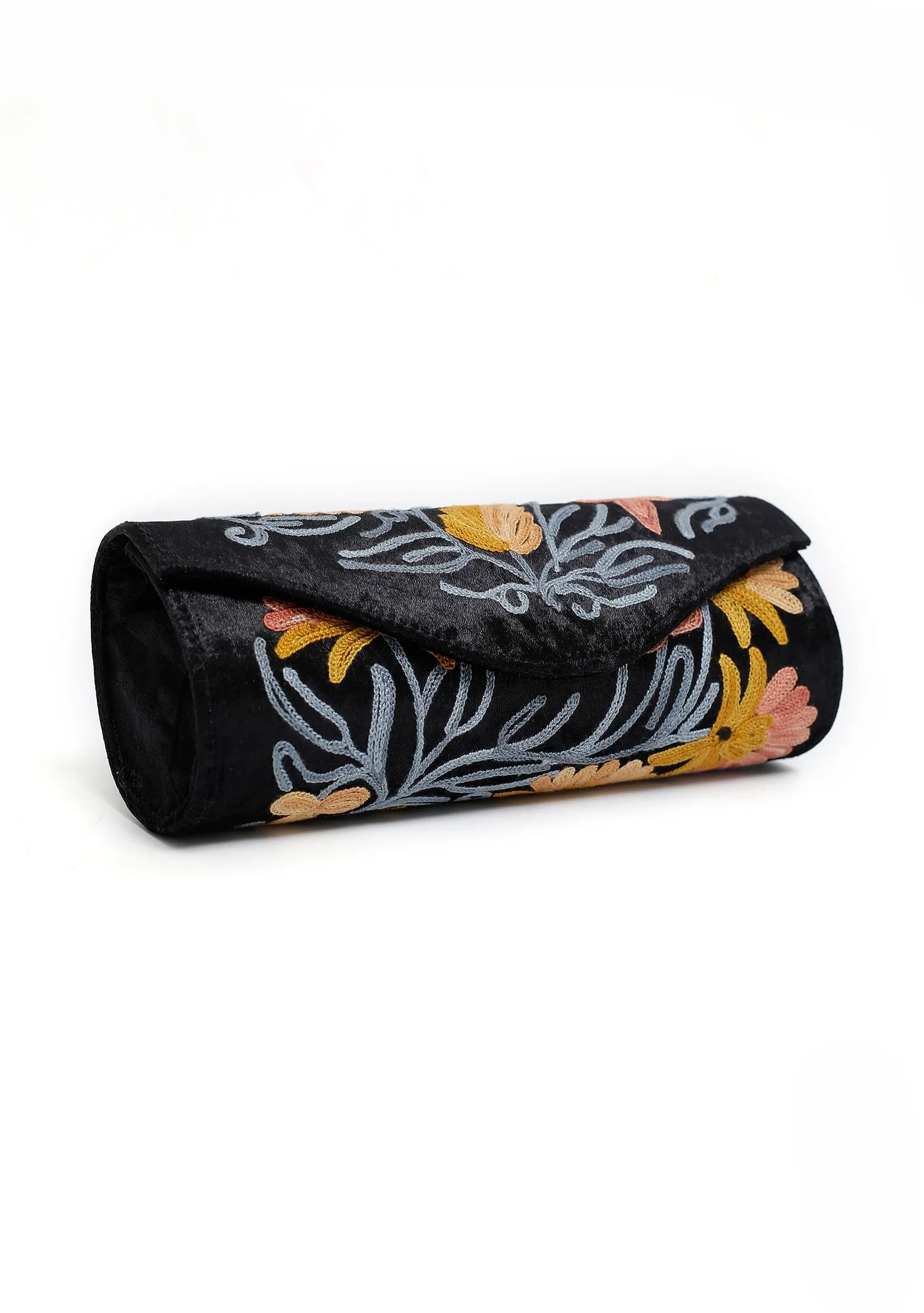 Black with Blue Tilla Embroidery Velvet Clutch