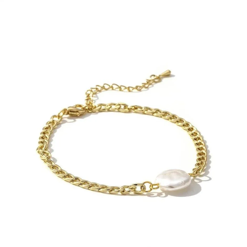 Gold Link Chain Bracelet for Women with Pearl Charm