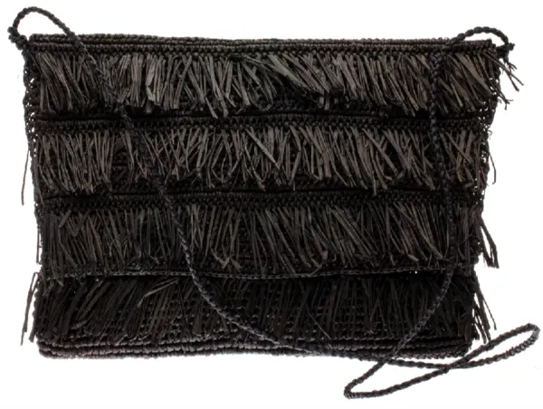 Isabella Fringe Straw Clutch, Noir