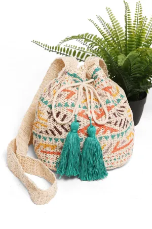 JBG211 Ariel Tribal Straw Crossbody Bucket Bag