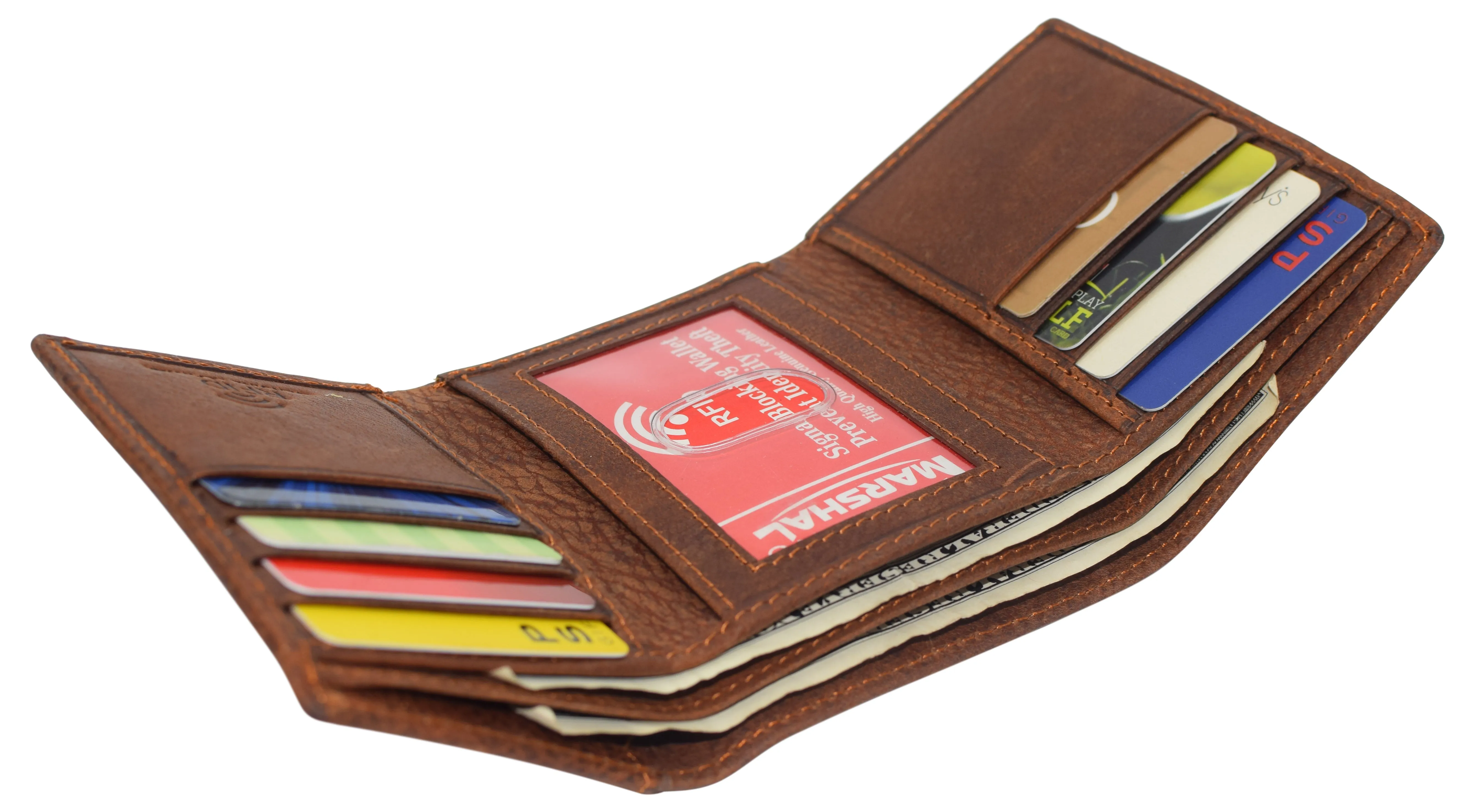 RFID45NUTN Real Leather Men's RFID Blocking Trifold Wallet with Outside ID Window Logo Gift Wallets for Men