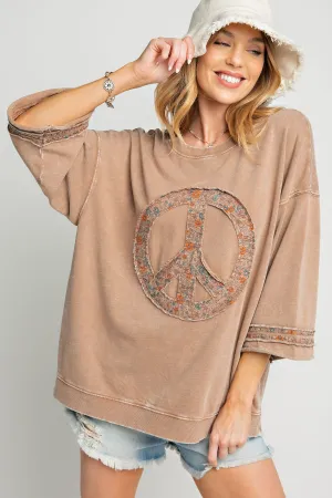 Slub mix ribbed fabric mineral wash top with peace sign symbol RESTOCKED