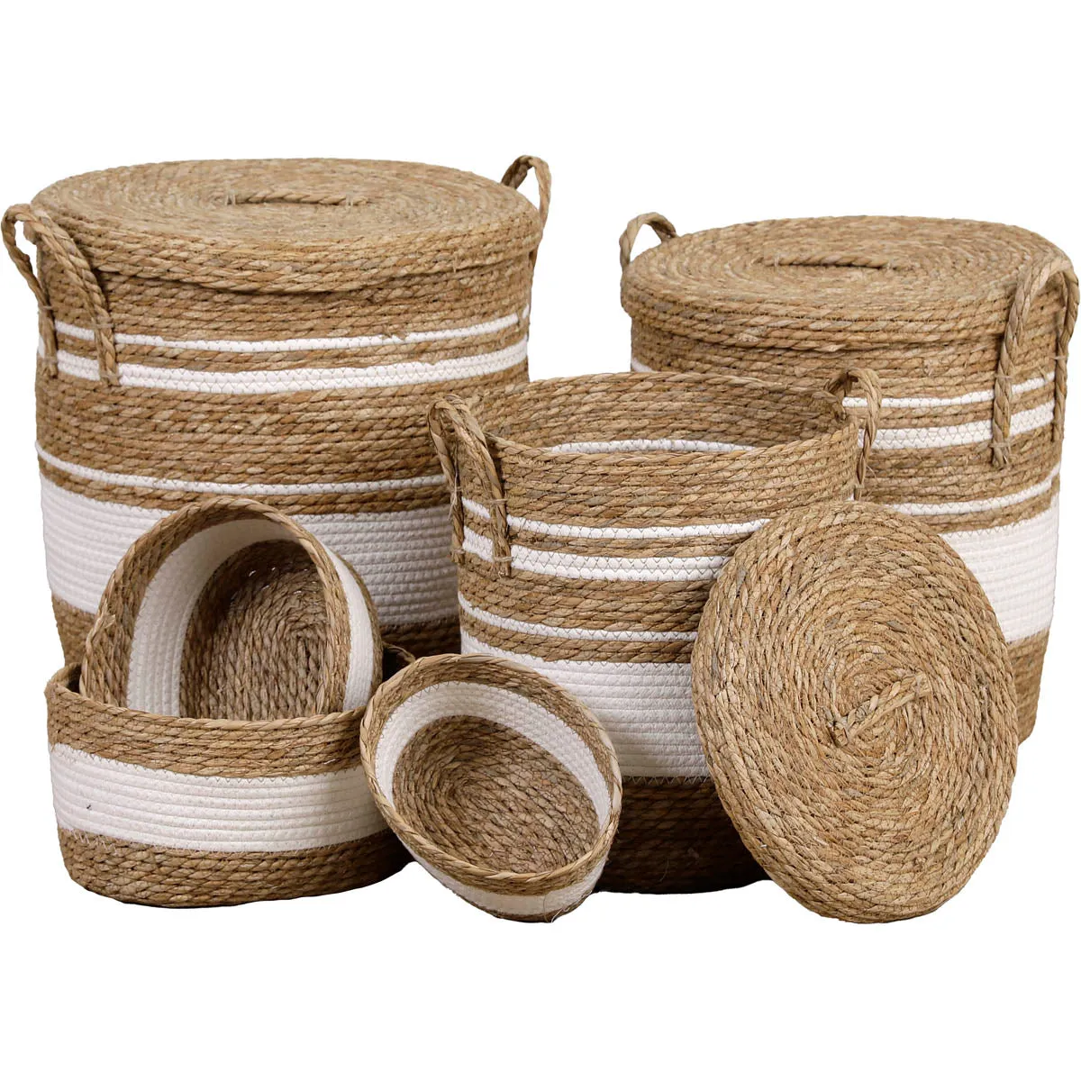 Straw And Cotton Storage Baskets - Natural/White - Various Sizes