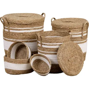 Straw And Cotton Storage Baskets - Natural/White - Various Sizes