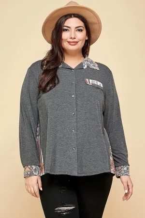 Voluptuous ( ) Plus Size Printed Patchwork Contrast Button Up Shirt